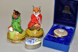 FOUR LATE 20TH CENTURY PORCELAIN AND ENAMEL BONBONNIERES AND BOXES, comprising a pair of Royale