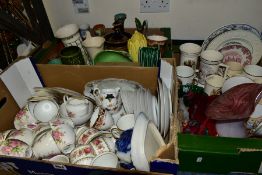 THREE BOXES OF CERAMICS AND GLASSWARES, to include a thirty two piece bone china tea set printed