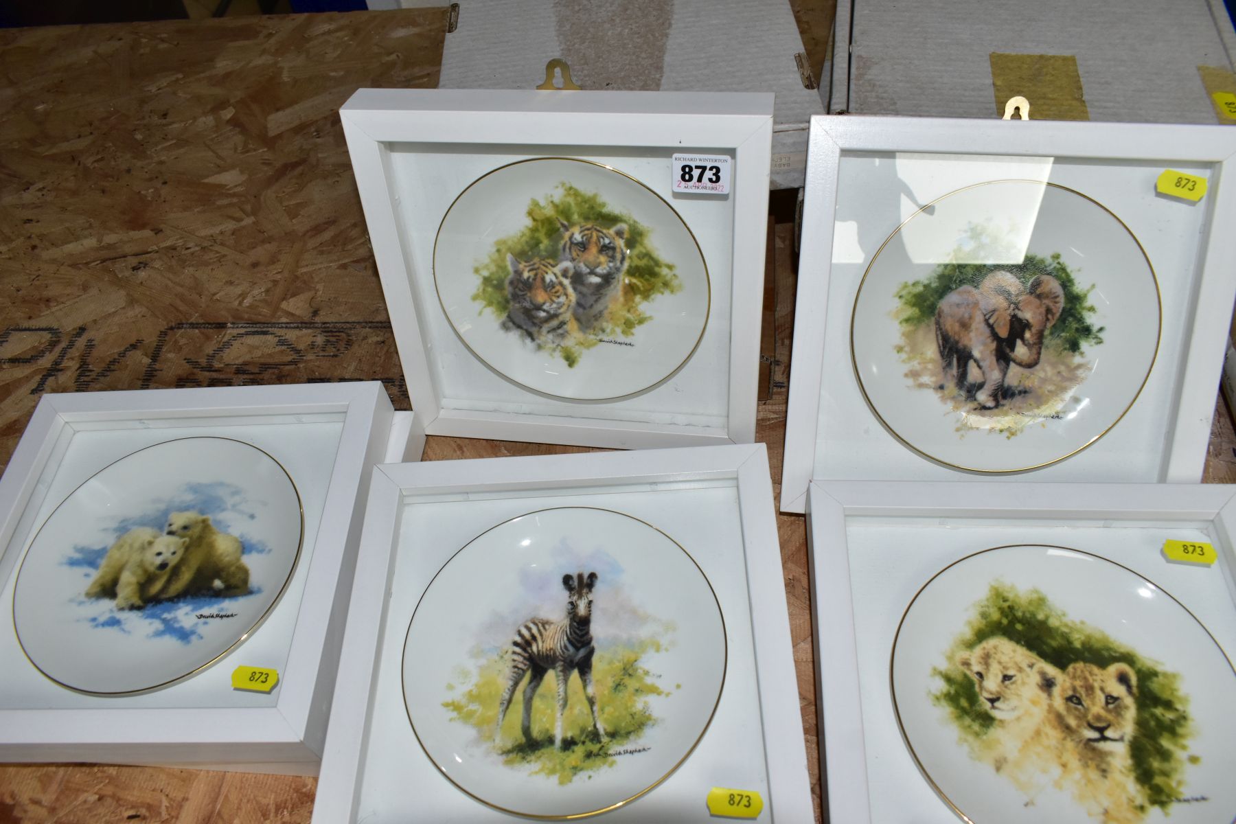 A GROUP OF DAVID SHEPHERD PRINTS AND PLATES, comprising a framed 'Kilaguni Babies' baby elephants, - Image 3 of 3