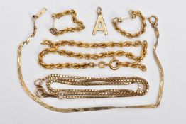 A CHAIN, PENDANT, PAIR OF EARRINGS AND TWO BRACELETS, to include a yellow metal box link chain