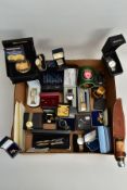 A BOX OF WATCHES, CUFFLINKS, PENS ETC, to include a boxed yellow metal oval tie pin stamped 9ct