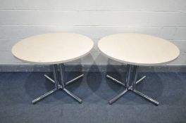 A PAIR OF KUSCH CO CIRCULAR TABLES, on chrome legs, diameter 100cm x height 75cm