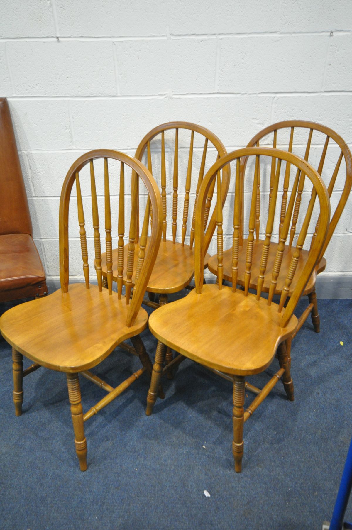 A MATCHED SET OF FOUR BROWN LEATHER DINING CHAIRS, and four beech hoop back chairs (8) - Image 3 of 3