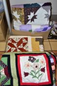 A BOX CONTAINING FIVE MODERN PATCHWORK QUILTS, sizes are 144cm x 110cm (lilac/white), 196cm x