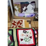 A BOX CONTAINING FIVE MODERN PATCHWORK QUILTS, sizes are 144cm x 110cm (lilac/white), 196cm x