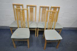 SIX BEECH DINING CHAIRS (condition:-seat pads dirty)