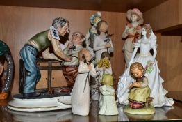 NINE CERAMIC AND RESIN FIGURINES, comprising a Capodimonte porcelain figure group of a tailor and