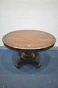 A GEORGE IV ROSEWOOD BREAKFAST TABLE, the circular tilt-top with a foliate brass inlaid border, on a