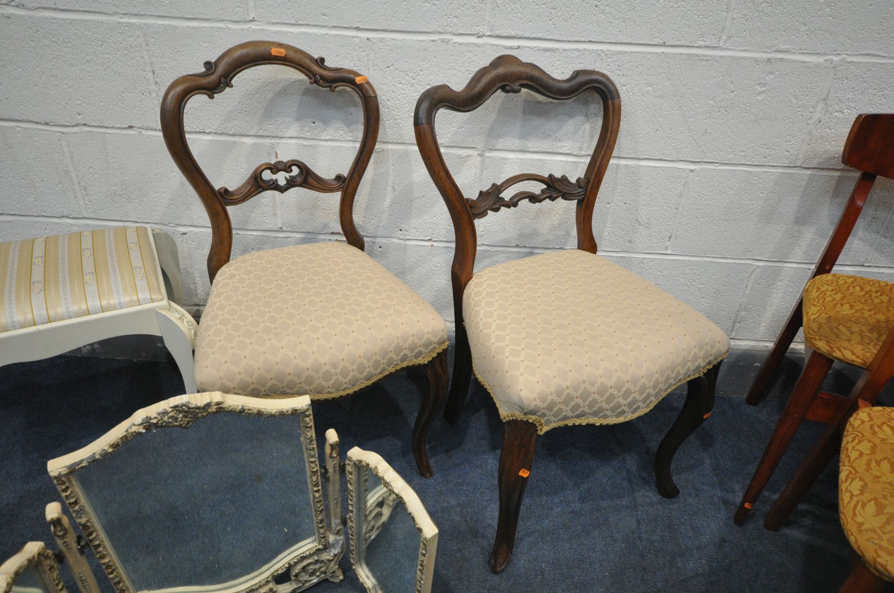 TWO VICTORIAN WALNUT DINING CHAIRS, with a single foliate bar back, a French white dressing stool, - Image 2 of 4