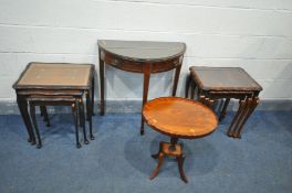 TWO MAHOGANY NEST OF THREE TABLES, two mahogany demi lune tables (one with loose glass top) and an