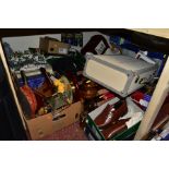 FOUR BOXES AND LOOSE LUGGAGE, SHOES, CHRISTMAS DECORATIONS AND SUNDRY ITEMS, to include a large