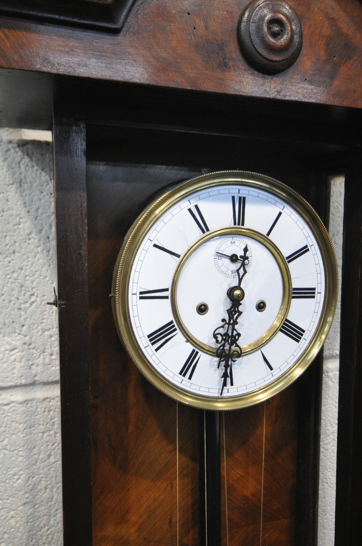 A 20TH CENTURY WALNUT VIENNA WALL CLOCK, height 108cm (two weights, pendulum and winding key) and - Image 2 of 3