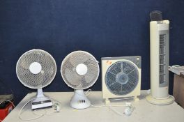 A TOWER FAN AND THREE OTHER FANS
