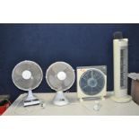 A TOWER FAN AND THREE OTHER FANS