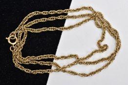 A 9CT GOLD ROPE TWIST CHAIN, fitted with a spring clasp, hallmarked 9ct Birmingham, length 520mm,
