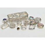 A SILVER SCENT BOTTLE AND ASSORTMENT OF WHITE METAL PILL BOXES, a heart shaped sent bottle with