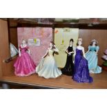 TWO BOXED COALPORT LADY FIGURES AND THREE OTHER COALPORT LADIES, comprising a boxed 'Ladies of