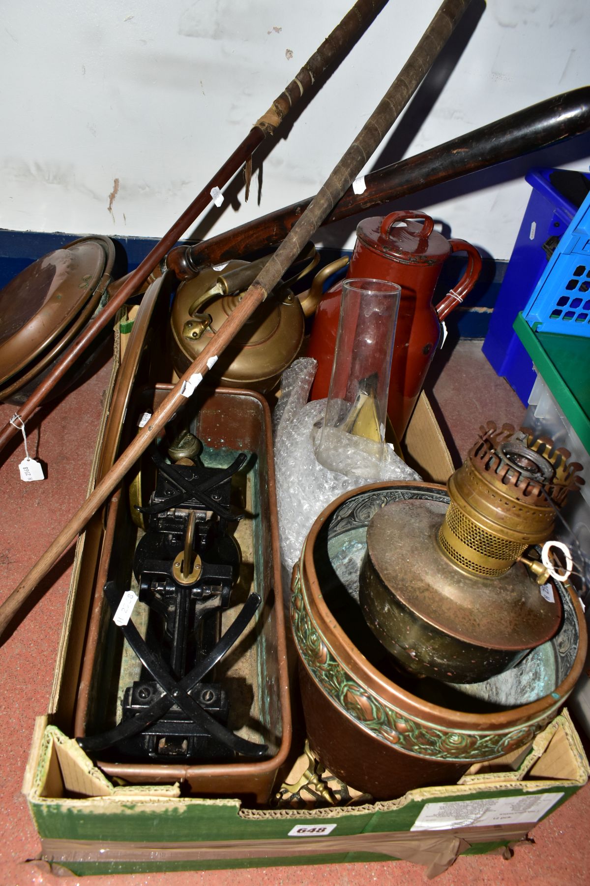 A BOX AND LOOSE METALWARES AND GOLF CLUBS, to include two golf clubs with wooden shafts, one clearly