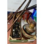 A BOX AND LOOSE METALWARES AND GOLF CLUBS, to include two golf clubs with wooden shafts, one clearly