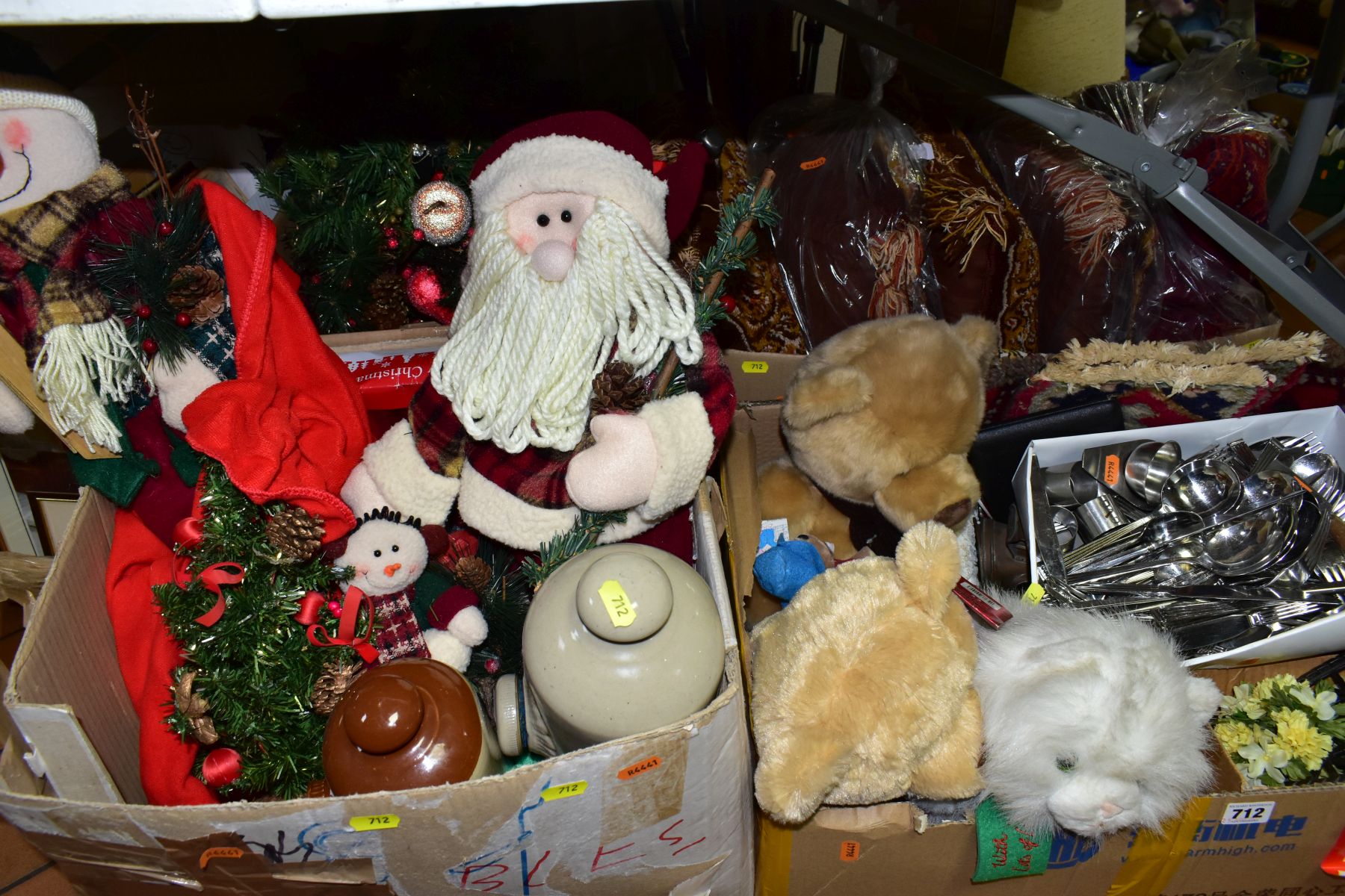 FOUR BOXES AND LOOSE CHRISTMAS DECORATIONS, SOFT TOYS, PRINTS, CUSHIONS, METALWARES, ETC,