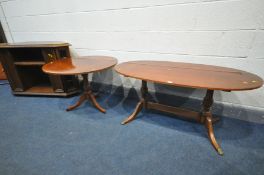 A MAHOGANY OVAL PEDESTAL COFFEE TABLE, width 116cm x depth 60cm x height 55cm with a similar