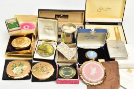 A BOX OF ASSORTED ITEMS, to include a cased set 'Stratton' compact and lipstick, a pink detailed '