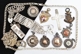 A SELECTION OF SILVER JEWELLERY AND FOB MEDALS, to include two Cuban silver chains each fitted