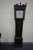 AN 18TH CENTURY OAK EIGHT DAY LONGCASE CLOCK, the hood with twin pillars flanking a square glazed