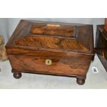 A VICTORIAN ROSEWOOD WORK BOX WITH TWIN HANDLES, red silk lining in need of some restoration, chip