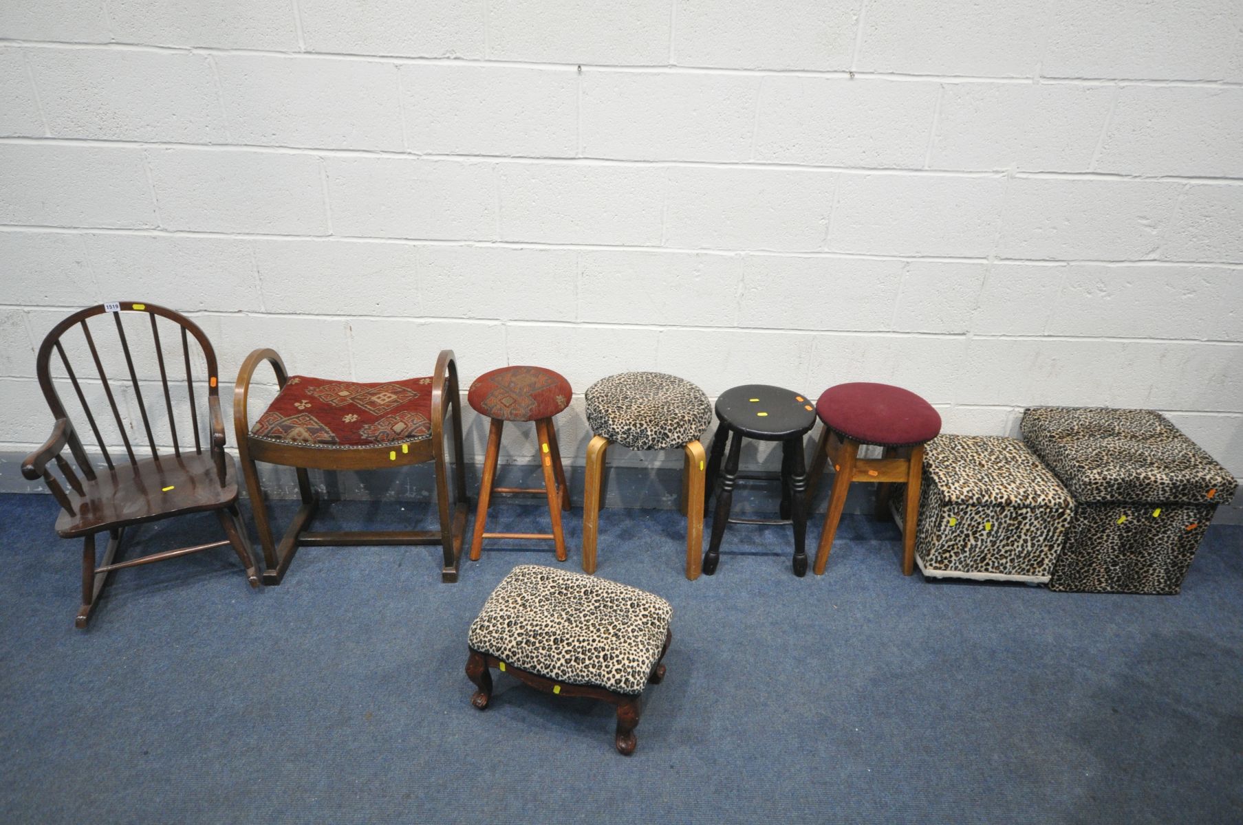 A SELECTION OF VARIOUS STOOLS, to include a beech art deco dressing stool, four circular stools, two