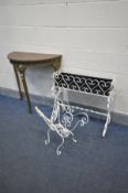 A GILT FRENCH DEMI LUNE HALL TABLE, a wrought iron planter and a metal magazine rack (3)