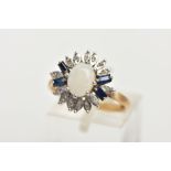 A 9CT GOLD OPAL CLUSTER RING, designed with a central oval cut opal cabochon, flanked with four