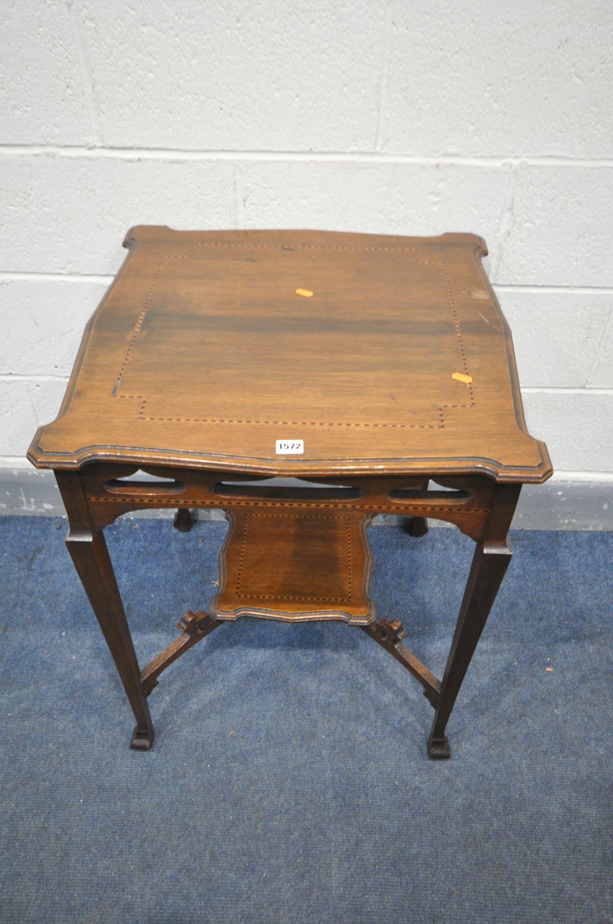 AN EARLY 20TH CENTURY OAK AND STRUNG SQUARE OCCASSIONAL TABLE, with shaped corners, pierced friezes, - Image 2 of 4