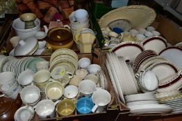 FOUR BOXES OF ASSORTED DINNER, TEA AND KITCHEN WARES, including a Crown Ducal part dinner service,
