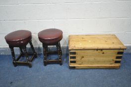 A 19TH CENTURY PINE AND IRON BANDED TOOL CHEST, width 73cm x depth 39cm x height 37cm, and a pair of