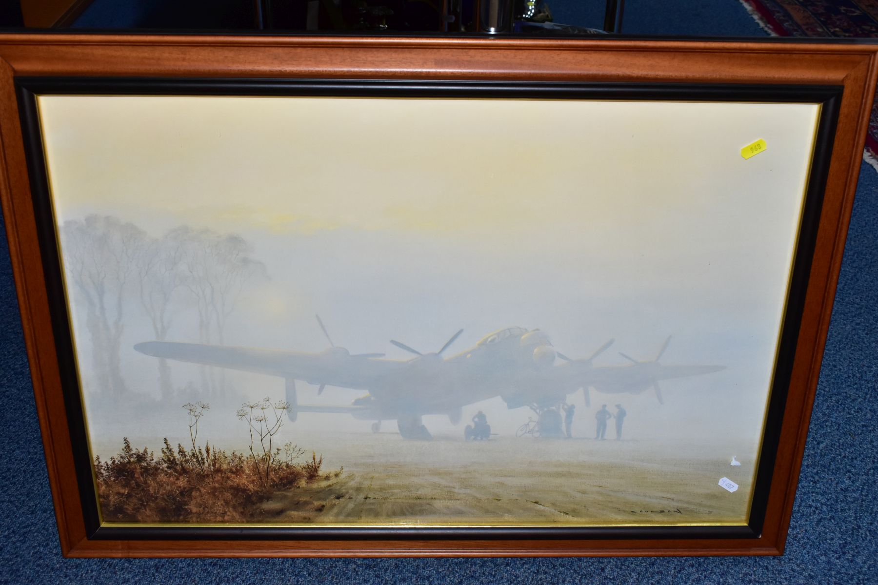 THREE LARGE GLAZED FRAMED MILITARY PRINTS, to include RAF Lancaster Bomber in early morning light by - Image 5 of 6