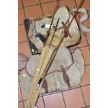 VINTAGE FISHING EQUIPMENT COMPRISING A HARDY SPLIT CANE TWIN TIP ROD, model name is rubbed,