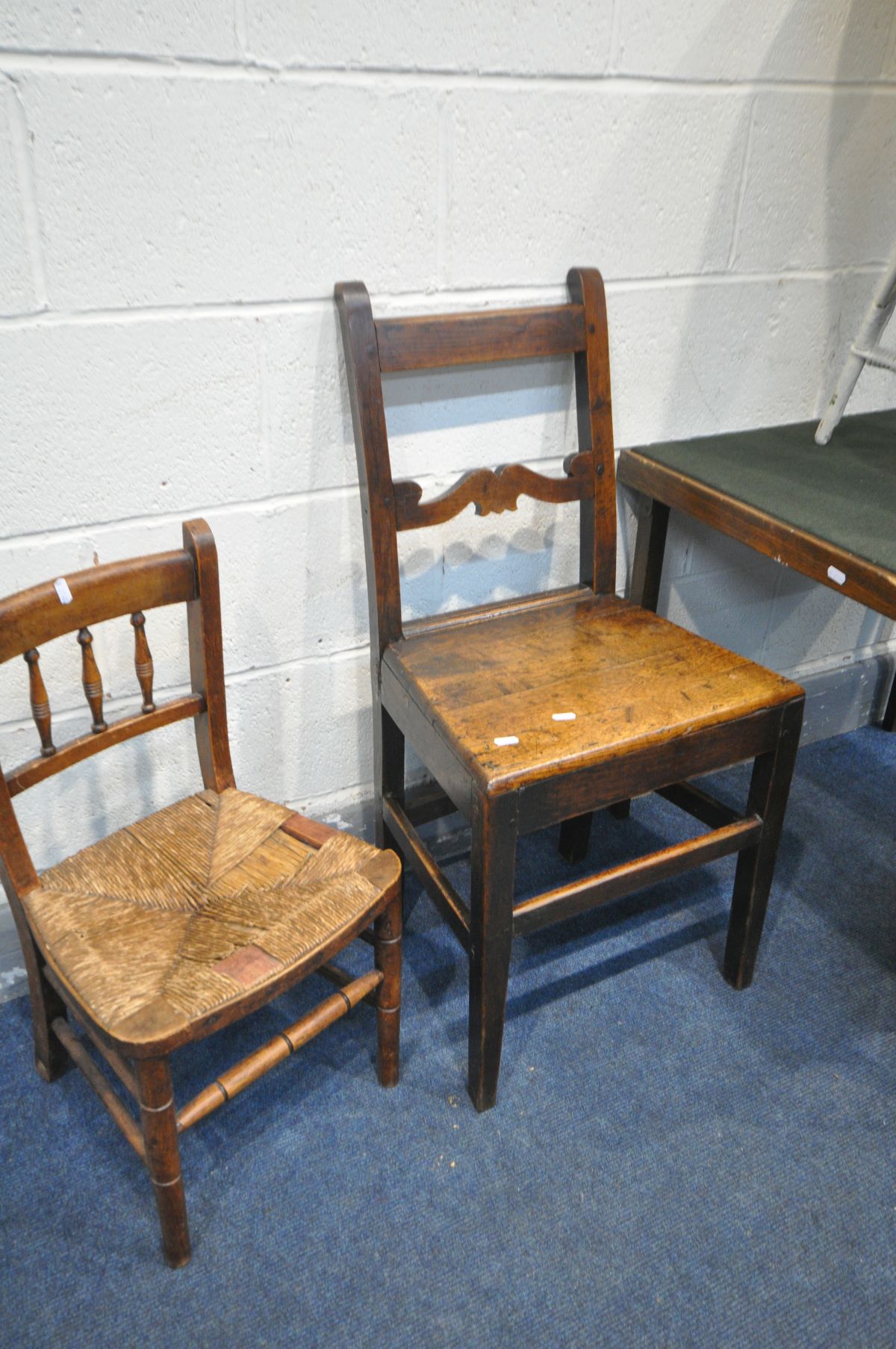 AN 18TH CENTURY OAK CHAIR, a beech rush seated child's chair, a wicket bedroom chair, a beech - Image 2 of 2
