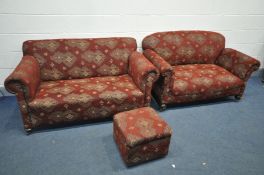 TWO REUPHOLSTERED DROP END SOFA'S, largest sofa length 148cm and a storage footstool (3)