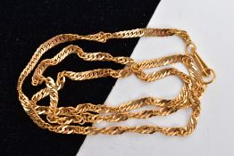 A YELLOW METAL CHAIN, Singapore twist chain, fitted with a hook clasp, hallmarked with Bahrain assay