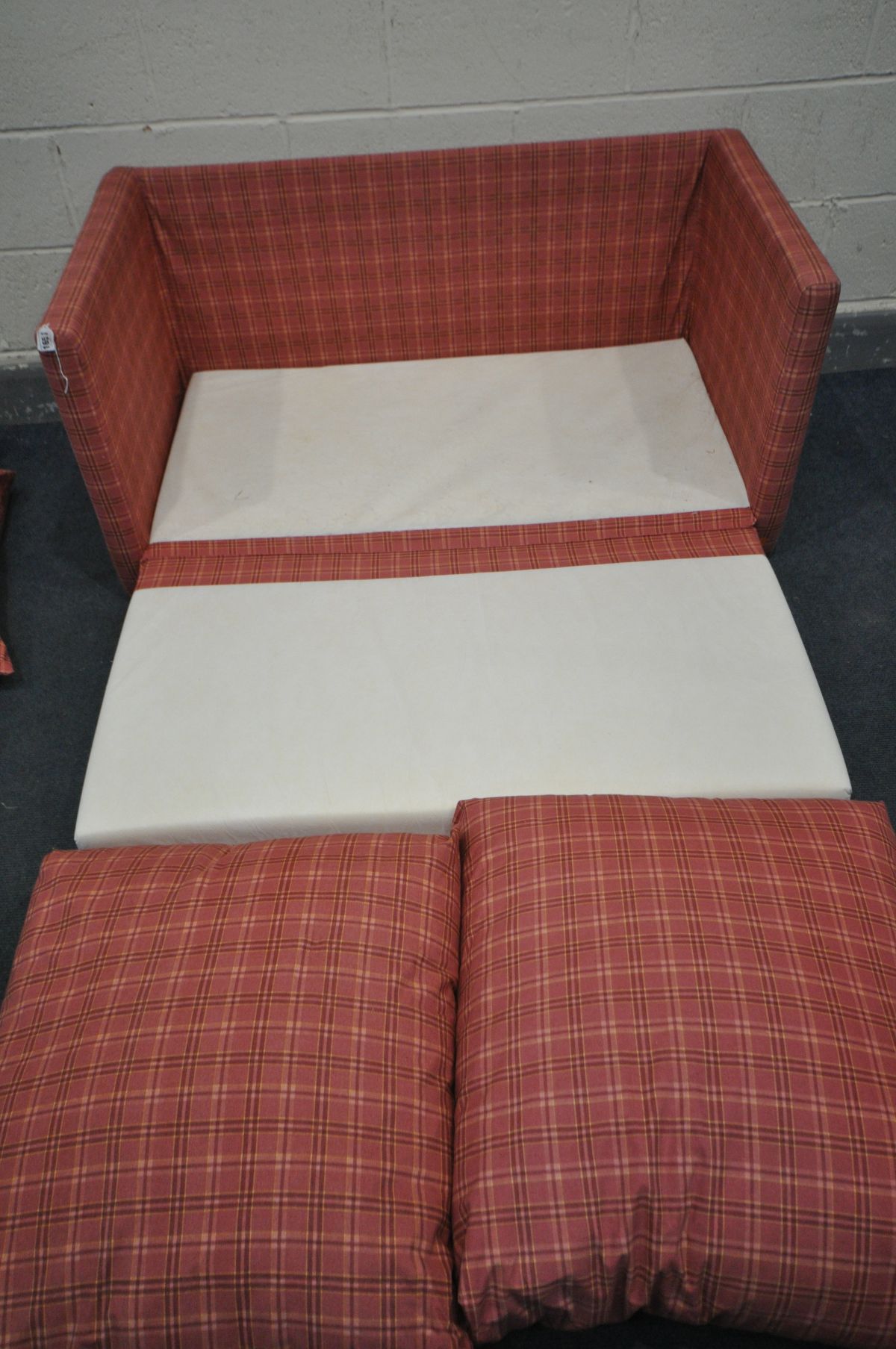 A RED TARTAN UPHOLSTERED TWO SEATER FUTON, length 125cm - Image 2 of 2