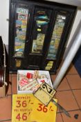 A BOX CONTAINING BUTCHERS SPIKED MEAT LABELS AND PRICES, together with three painted metal price