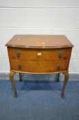 A REPRODUCTION WALNUT CHEST TWO DRAWERS, on cabriole legs, width 69cm x depth 44cm x height 76cm