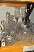 A GROUP OF CUT CRYSTAL AND OTHER GLASSWARES, to include a pair of tall candle holders etched with