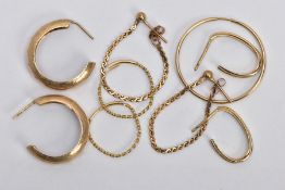 A BAG OF ASSORTED 9CT GOLD AND YELLOW METAL EARRINGS, to include a pair of textured hoop earrings