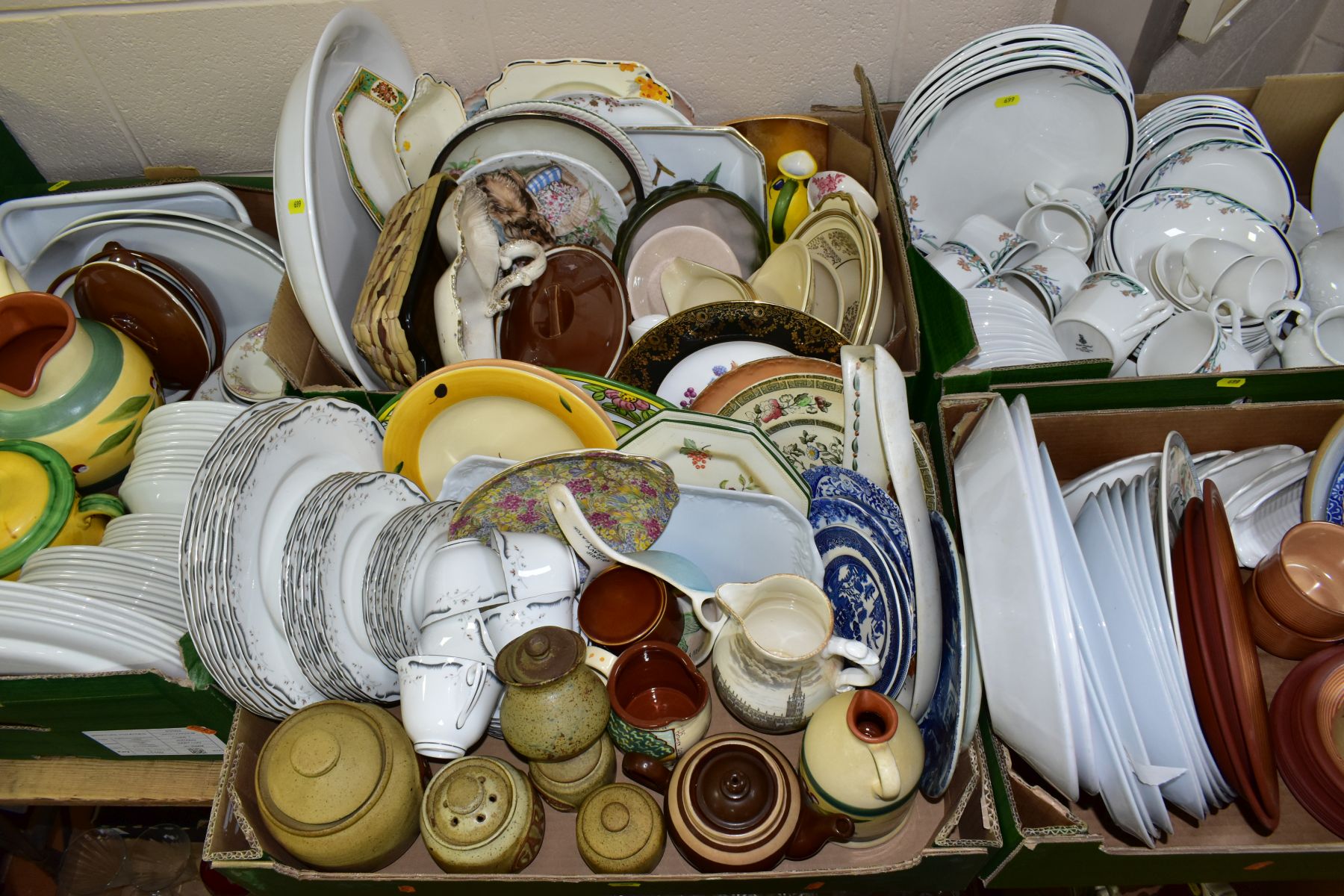 FIVE BOXES OF CERAMICS, including twenty-nine pieces of Royal Worcester 'Sutton' pattern dinner