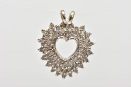 A DIAMOND PENDANT, of an open heart design set with single cut diamonds, fitted with a split V-shape