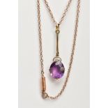 A YELLOW METAL AMETHYST PENDANT NECKLACE, designed with an oval cut amethyst dropper, double four