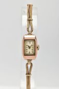 A LADIES 9CT GOLD WRISTWATCH, hand wound movement, rectangular white dial, Arabic numerals, gold