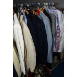 A QUANTITY OF GENTLEMENS CLOTHING IN SEVEN BOXES AND LOOSE, including jackets, shirts, suits,